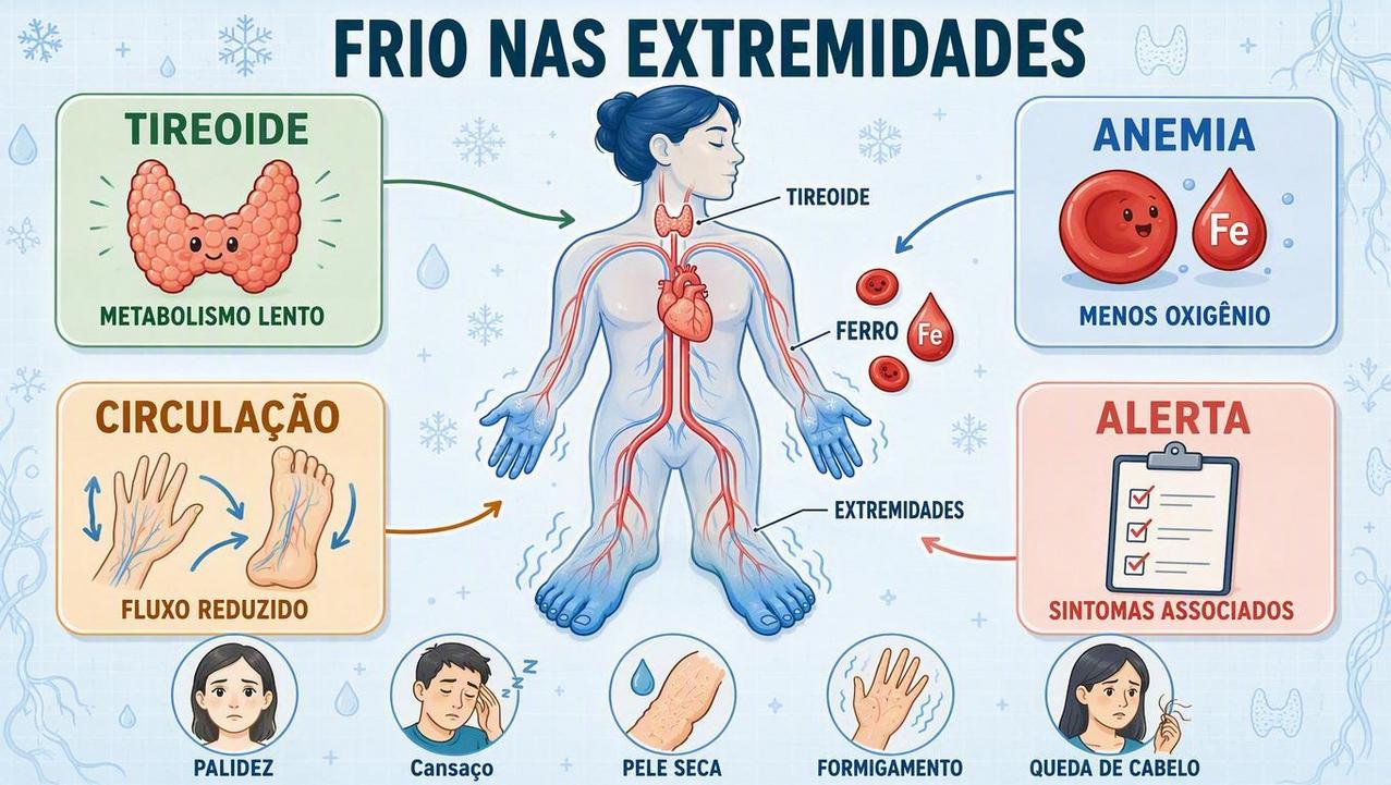 Infográfico resume causas e sinais ligados ao frio constante nas mãos e pés.