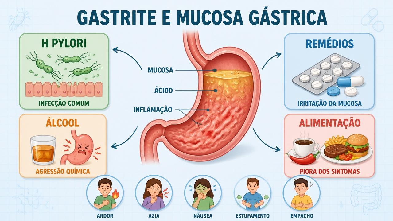 Infográfico resume causas agressoras, mucosa inflamada e sintomas comuns da gastrite.