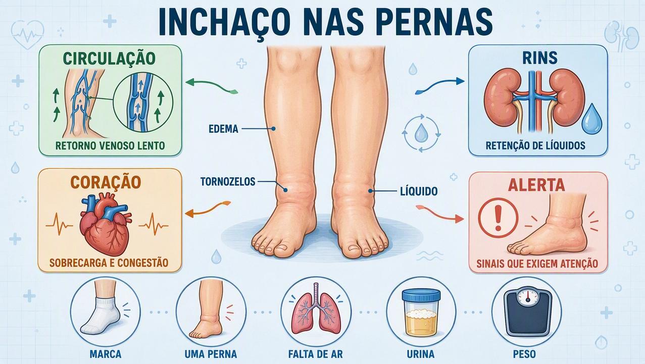 Infográfico resume causas e sinais de alerta do edema nas pernas.
