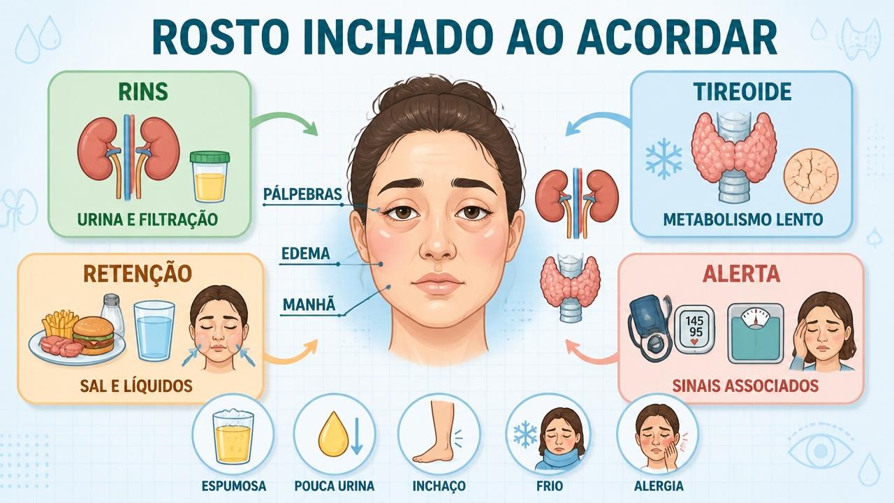 Rins, tireoide, retenção e sinais de alerta explicam o rosto inchado.