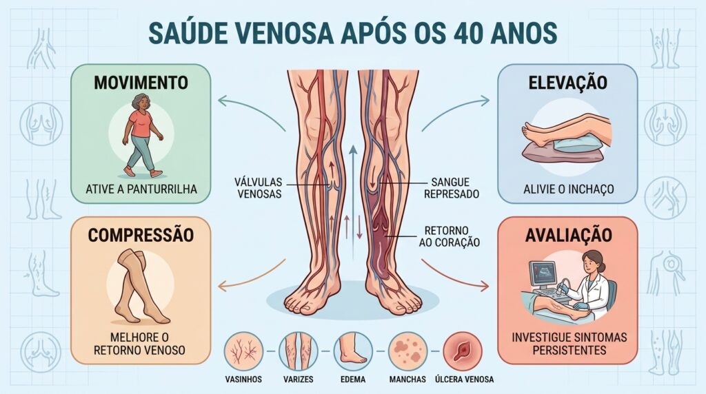 Movimento, elevação, compressão e avaliação ajudam a proteger a circulação venosa.