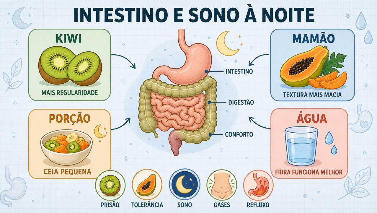 Infográfico resume kiwi, mamão, porção e hidratação para intestino e sono.