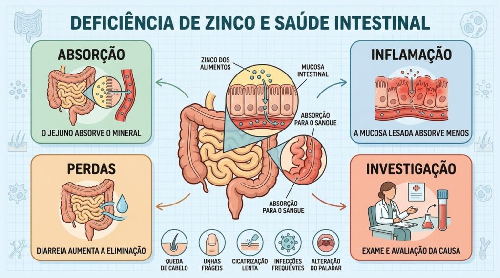 Absorção intestinal, inflamação e perdas digestivas podem reduzir os níveis de zinco.
