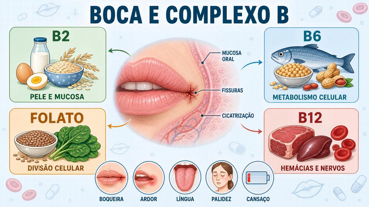 B2, B6, folato e B12 sustentam mucosa oral, cicatrização e energia.