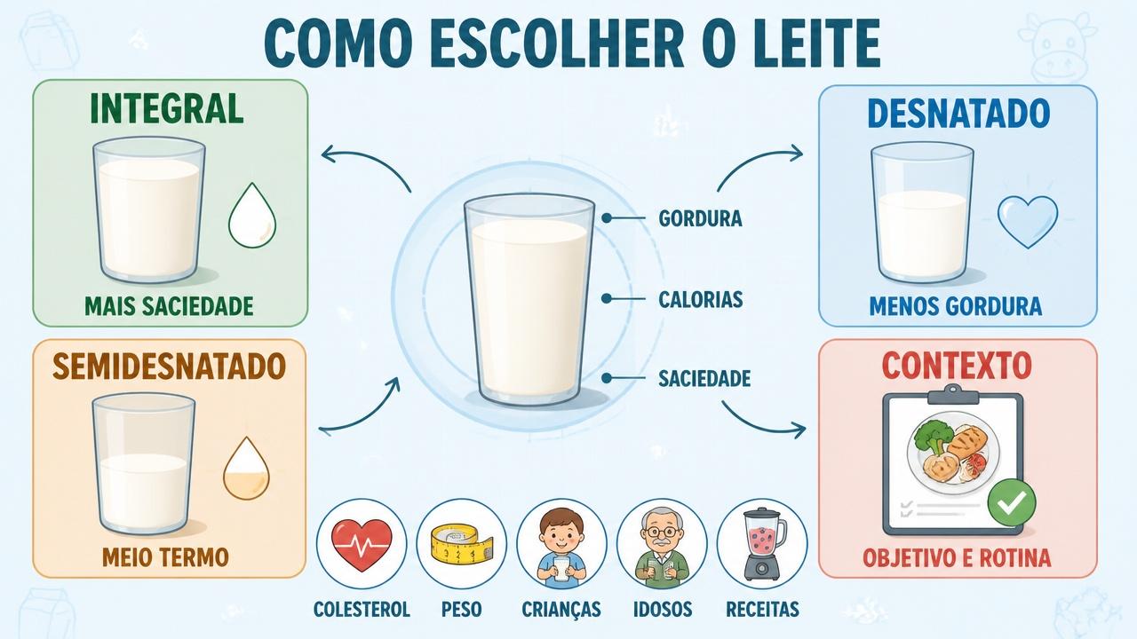 Infográfico resume gordura, saciedade, calorias e contexto na escolha do leite.