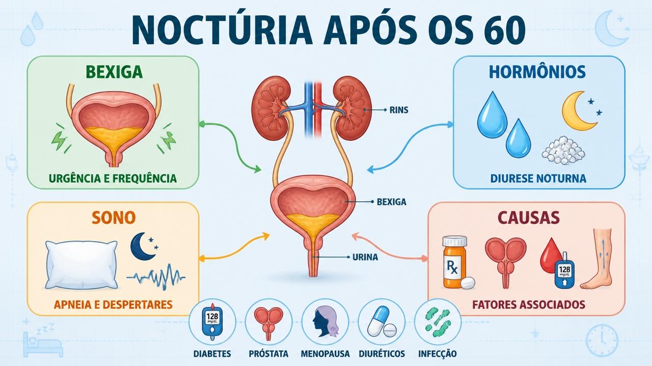 Infográfico mostra bexiga, hormônios, sono e causas associadas da noctúria.