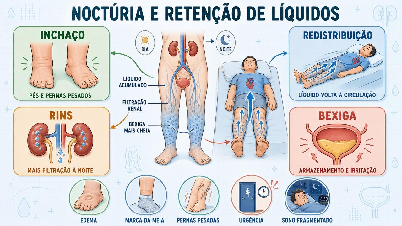 Infográfico mostra como edema, rins e bexiga influenciam a noctúria.
