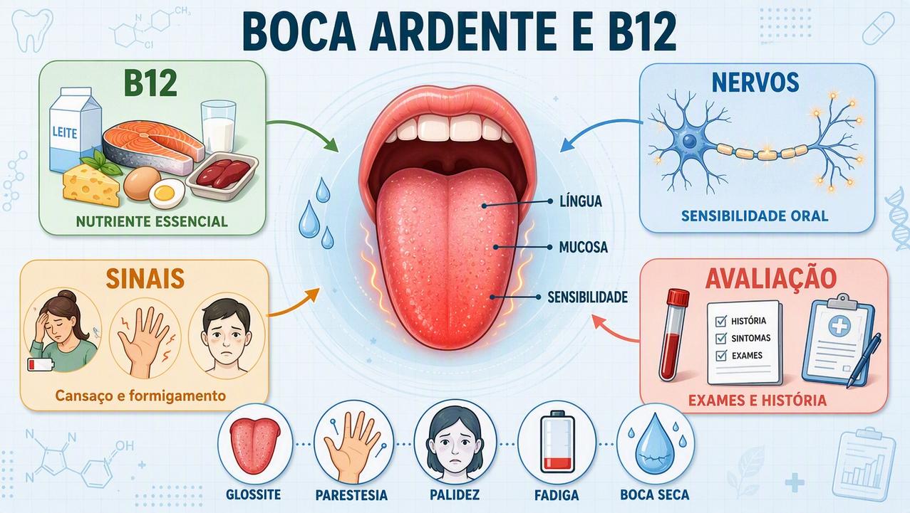 Infográfico resume B12, nervos, sinais associados e avaliação médica da boca ardente.