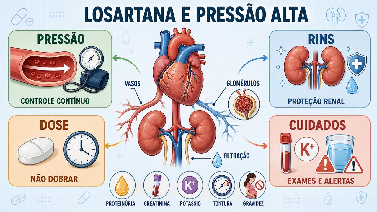Infográfico resume pressão, rins, dose esquecida e cuidados no uso da losartana.