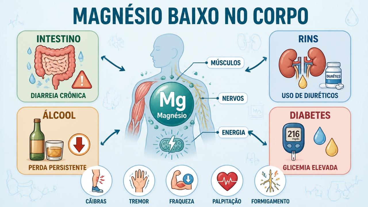 Intestino, rins, álcool e diabetes formam os principais pilares da perda de magnésio.