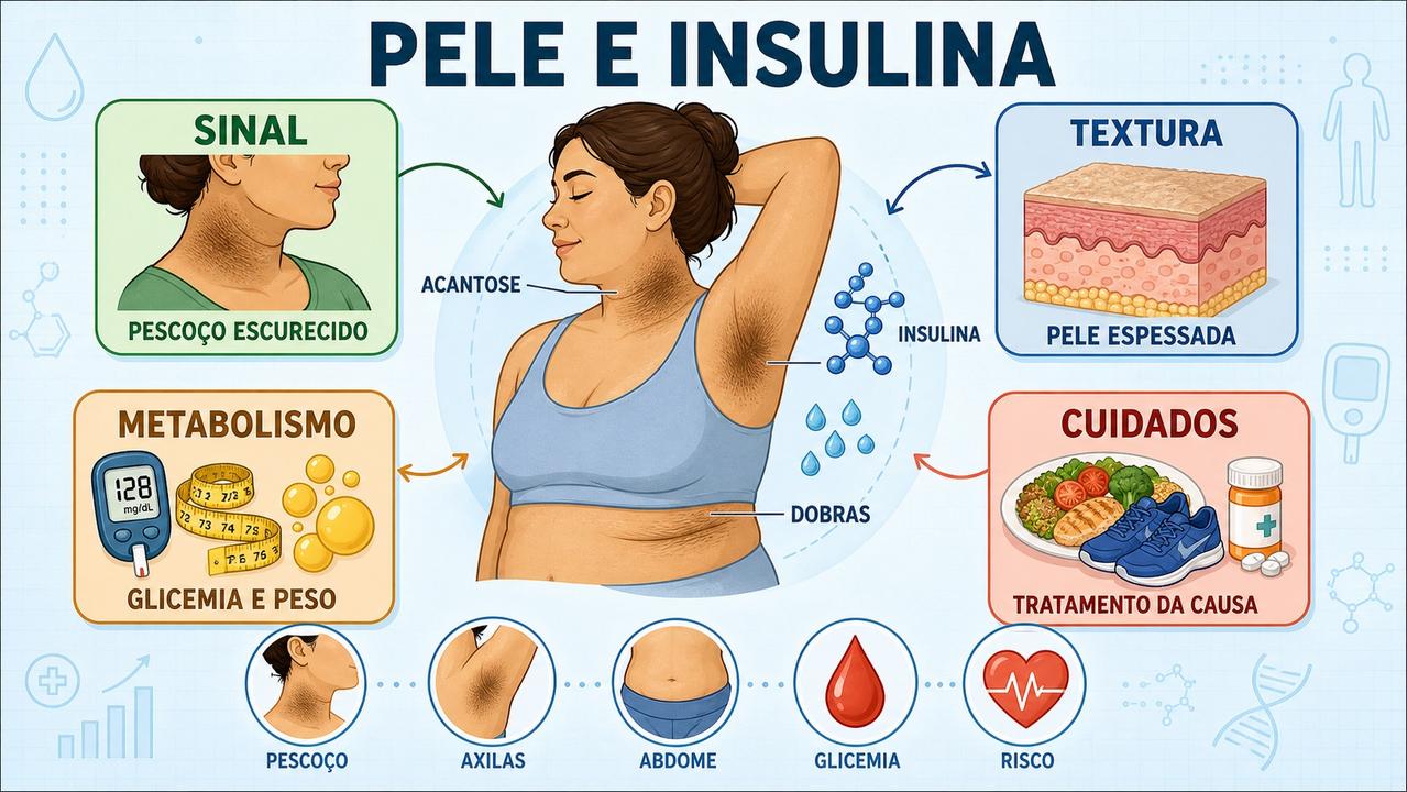 Infográfico mostra sinais cutâneos, metabolismo, cuidados e áreas comuns da acantose.