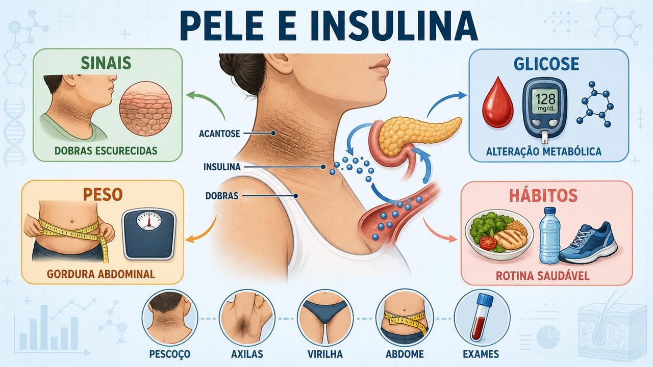 Infográfico resume sinais, glicose, peso abdominal e hábitos ligados à acantose nigricans.