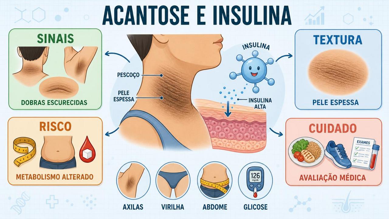 Infográfico resume sinais, textura, risco metabólico e avaliação da acantose.