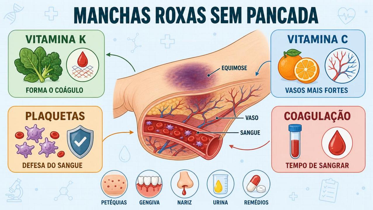 Infográfico resume vitaminas, plaquetas e coagulação ligadas às manchas roxas.