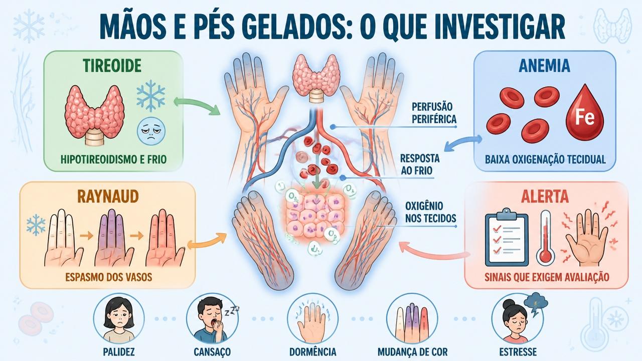 Infográfico resume causas, sinais de alerta e padrões das extremidades frias.