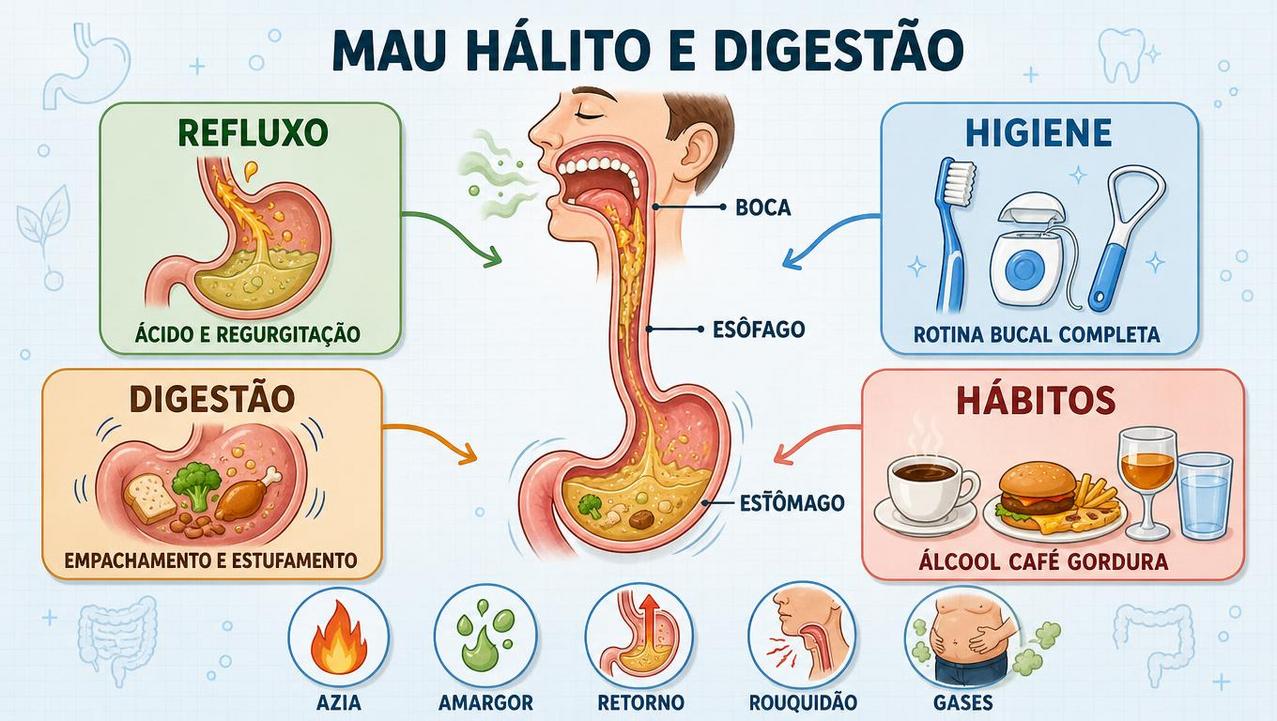 Infográfico resume refluxo, higiene, digestão e hábitos ligados ao mau hálito.