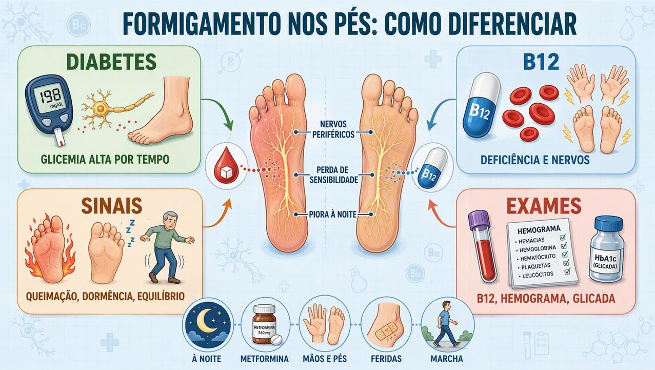 Infográfico resume sinais, exames e diferenças entre diabetes, B12 e neuropatia.