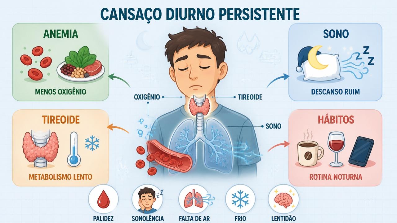 Infográfico resume os principais fatores por trás da fadiga diurna persistente.
