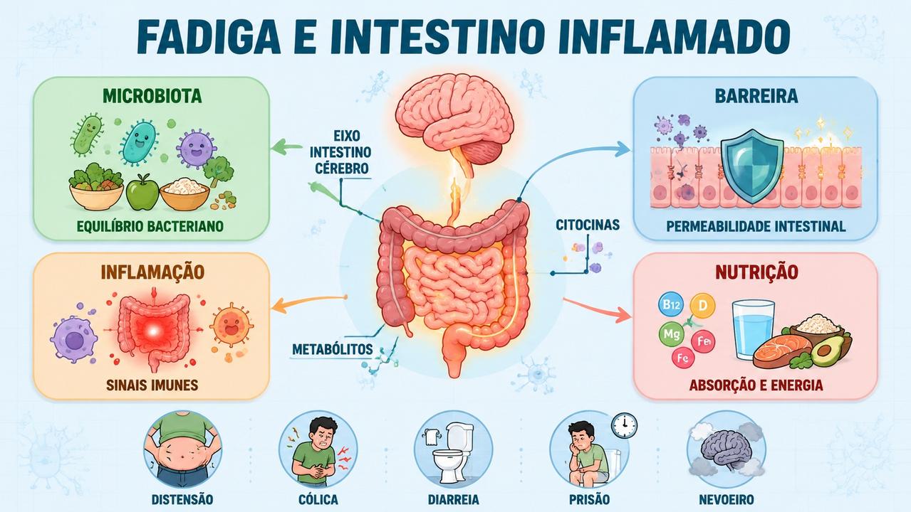 Microbiota, barreira, inflamação e nutrição influenciam fadiga e sinais digestivos.