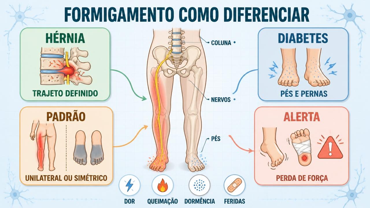 Infográfico compara trajetória, padrão, localização e sinais de alerta do formigamento.
