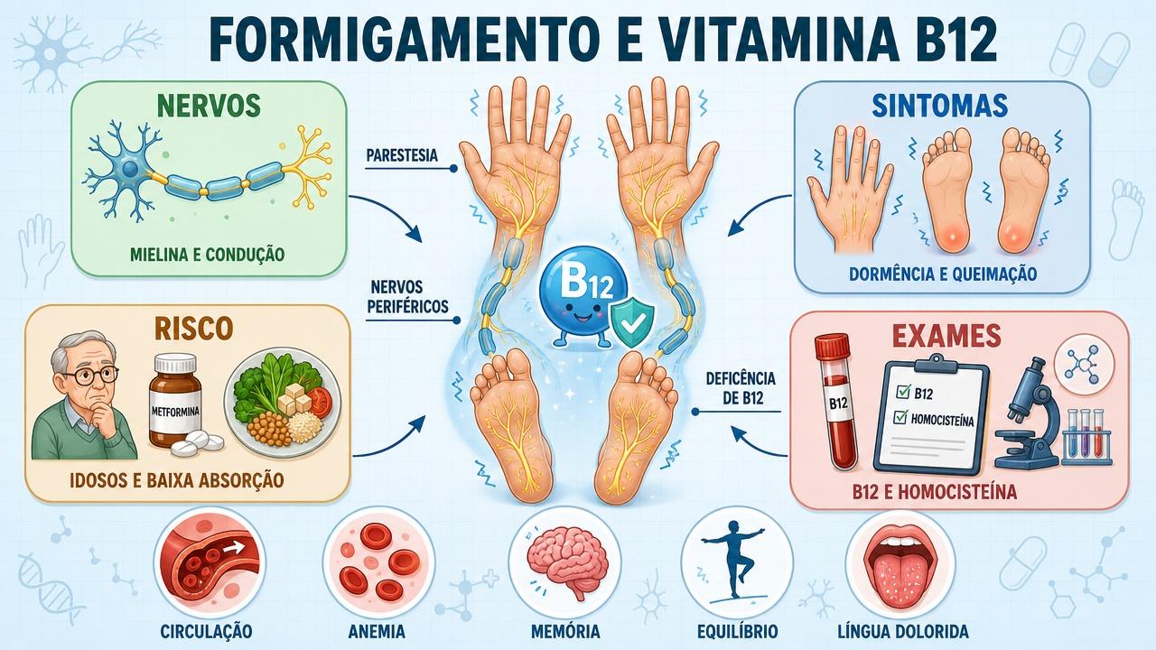 Nervos, sintomas, grupos de risco e exames explicam a relação com B12.