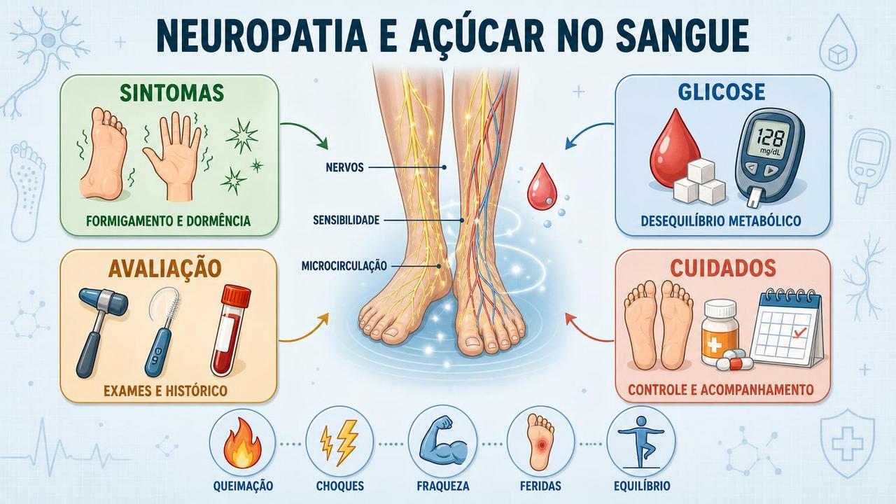 Sintomas, glicose, avaliação e cuidados formam os pilares da neuropatia periférica.