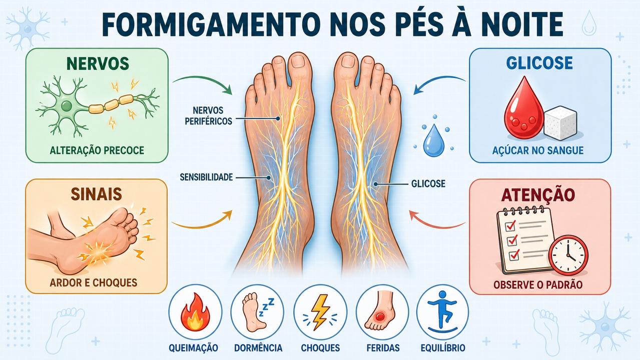 Infográfico resume nervos, glicose, sinais associados e observação do padrão.