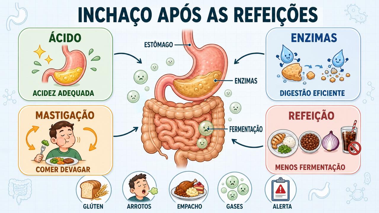 Ácido, enzimas, mastigação e refeição influenciam diretamente a distensão abdominal pós-prandial.