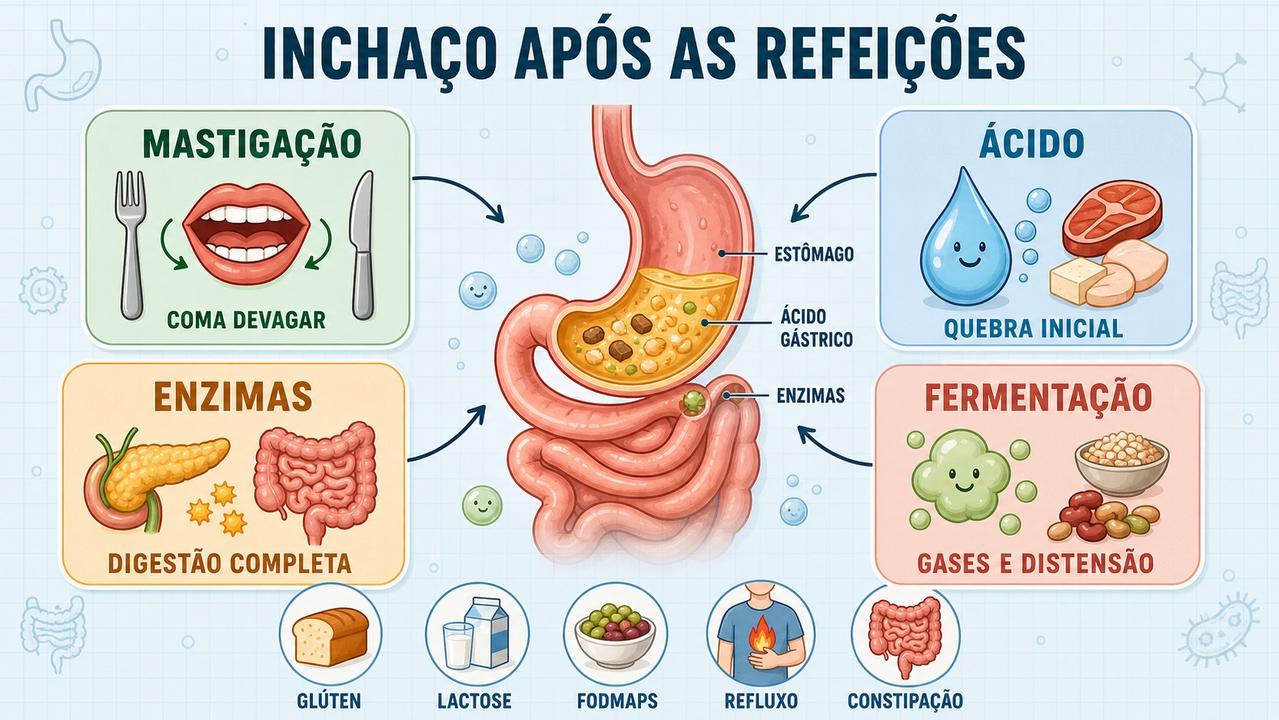 Mastigação, ácido, enzimas e fermentação ajudam a entender o inchaço pós-refeição.
