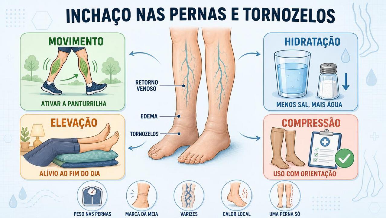 Movimento, hidratação, elevação e compressão ajudam a aliviar o edema venoso.
