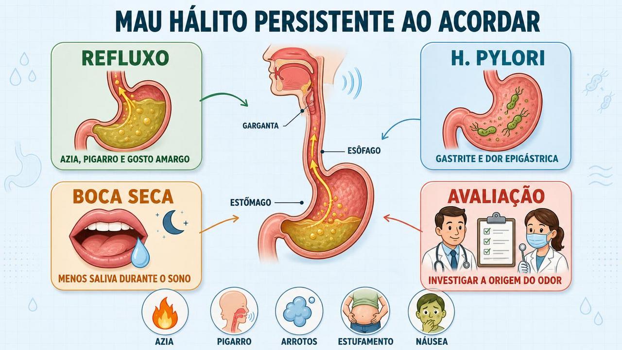 Refluxo, H. pylori, boca seca e avaliação orientam a investigação do hálito.