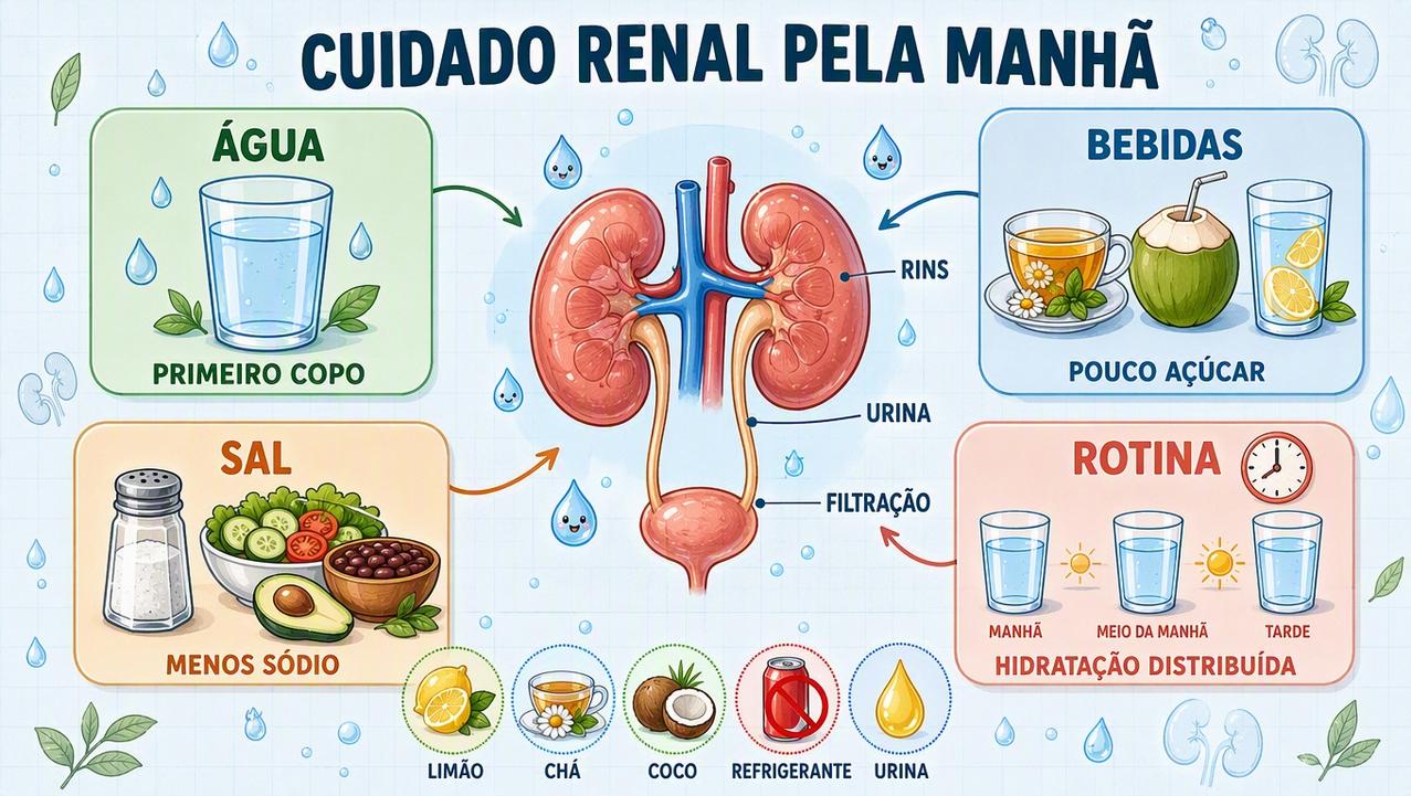 Água, menos sódio, bebidas adequadas e rotina formam pilares do cuidado renal.