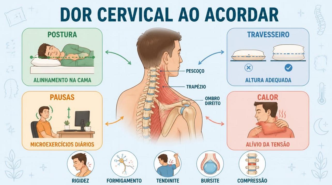 Postura, travesseiro, pausas e calor ajudam a prevenir dor cervical matinal.
