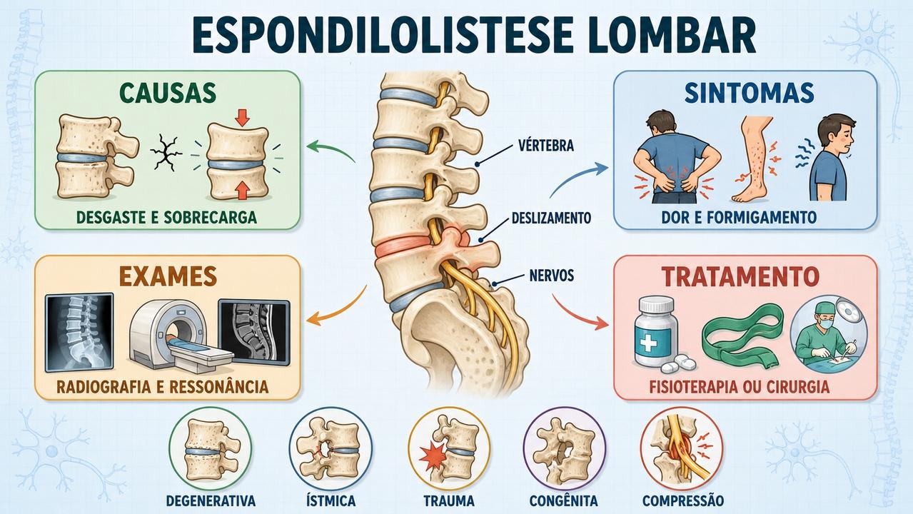 Infográfico resume causas, sintomas, exames e tratamento da espondilolistese lombar.