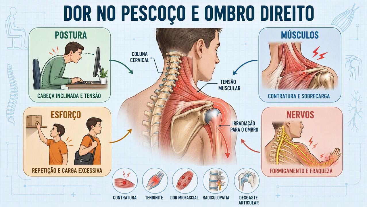 Infográfico resume postura, músculos, esforço e nervos na dor cervical irradiada.