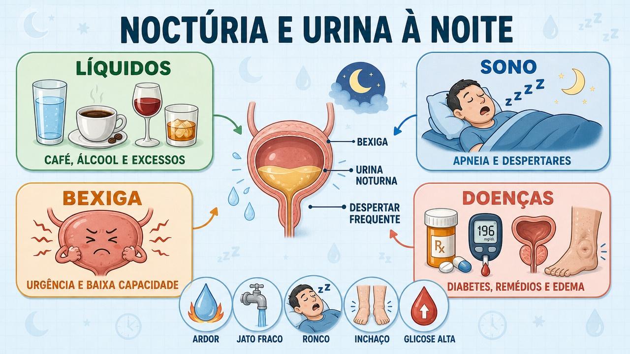 Líquidos, sono, bexiga e doenças influenciam a noctúria noturna.