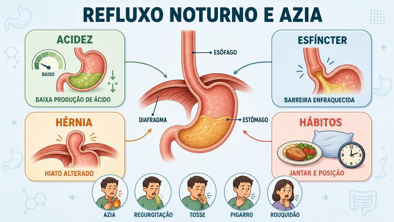 Infográfico mostra quatro pilares do refluxo noturno: acidez, esfíncter, hérnia e hábitos.