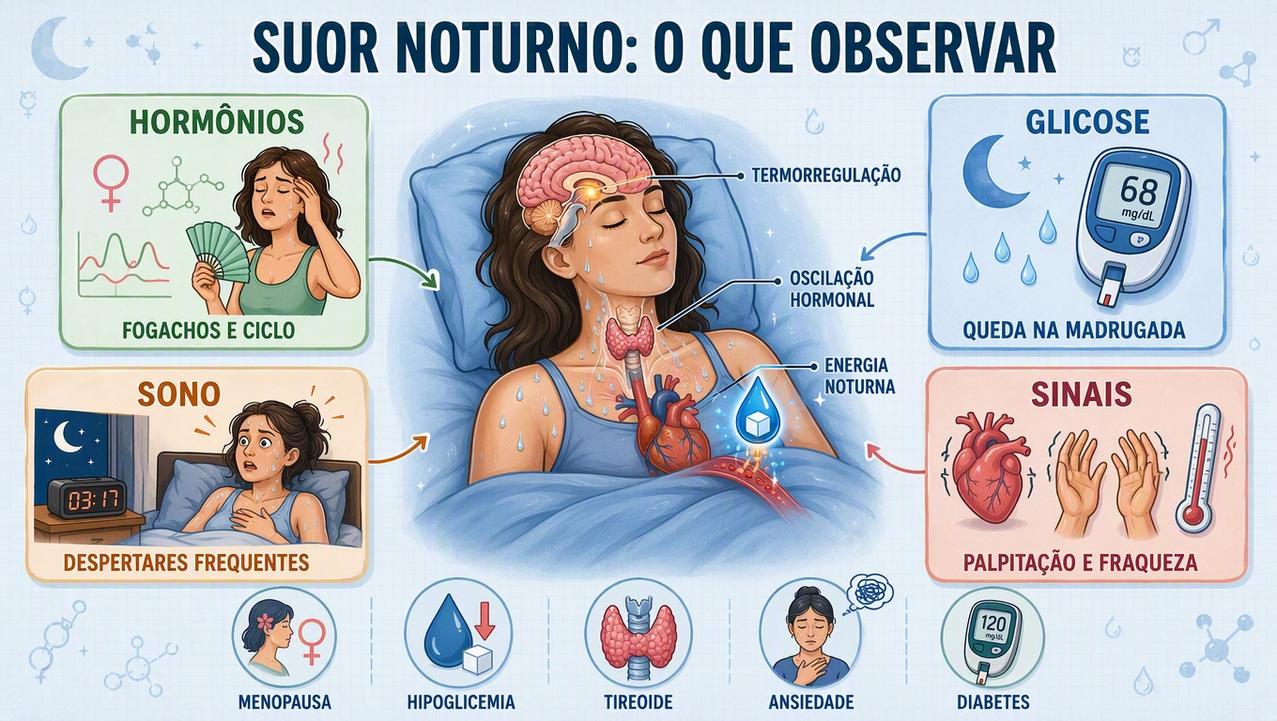 Hormônios, glicose, sono e sinais associados orientam a investigação do suor noturno.