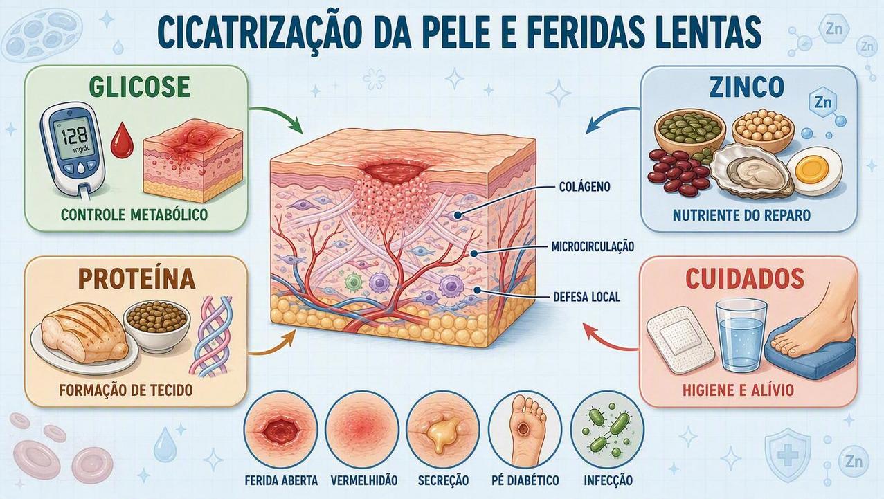 Glicose, zinco, proteína e cuidados locais sustentam uma boa cicatrização da pele.