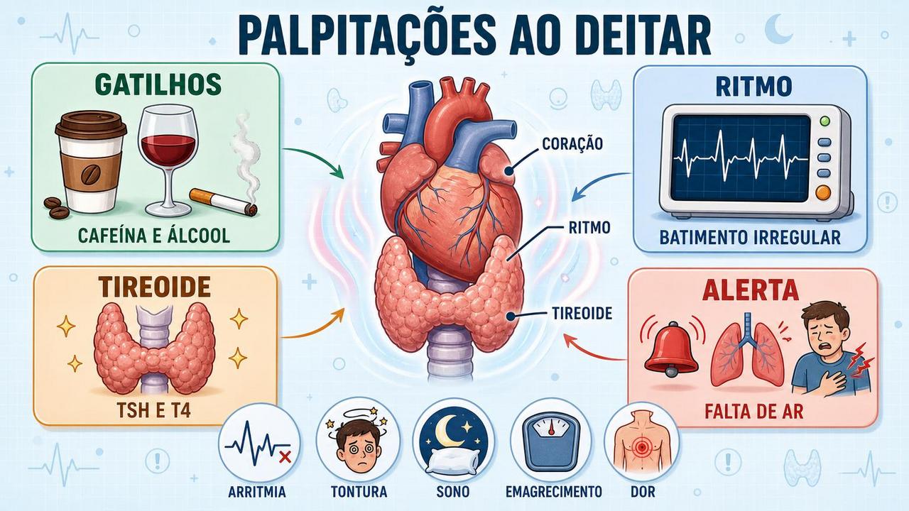 Infográfico resume gatilhos, ritmo cardíaco, tireoide e sinais de alerta.