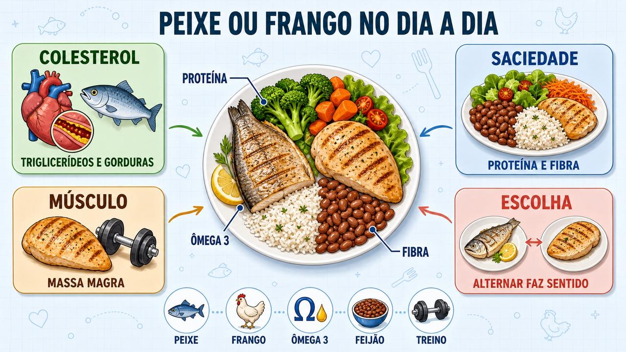 Infográfico resume colesterol, saciedade, massa muscular e critérios para alternar proteínas.