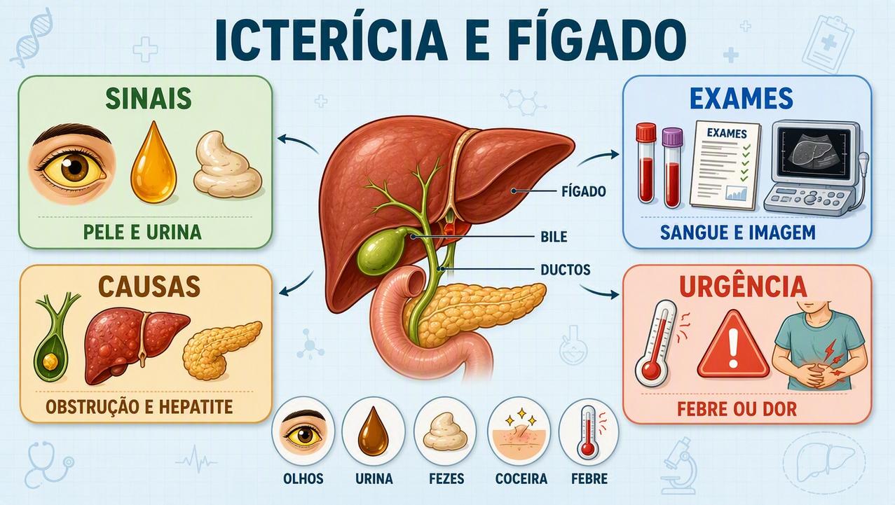 Infográfico resume sinais, exames, causas e urgências na icterícia obstrutiva ou hepática.