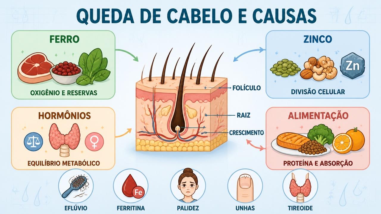 Ferro, zinco, hormônios e alimentação formam pilares da investigação da queda capilar.