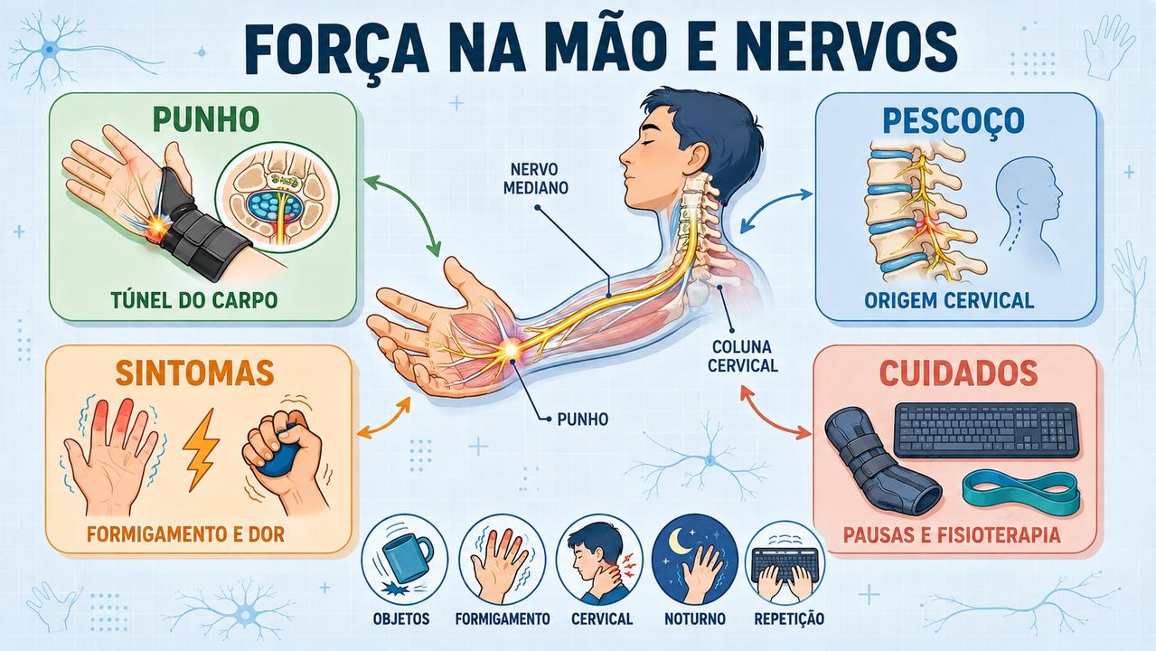 Infográfico resume punho, pescoço, sintomas e cuidados na fraqueza da mão.