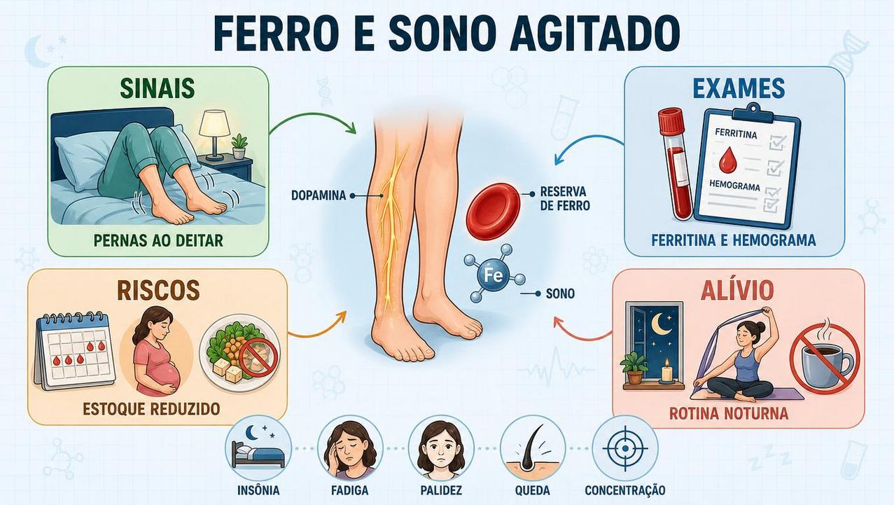 Infográfico resume sinais, exames, riscos e alívio nas pernas inquietas.