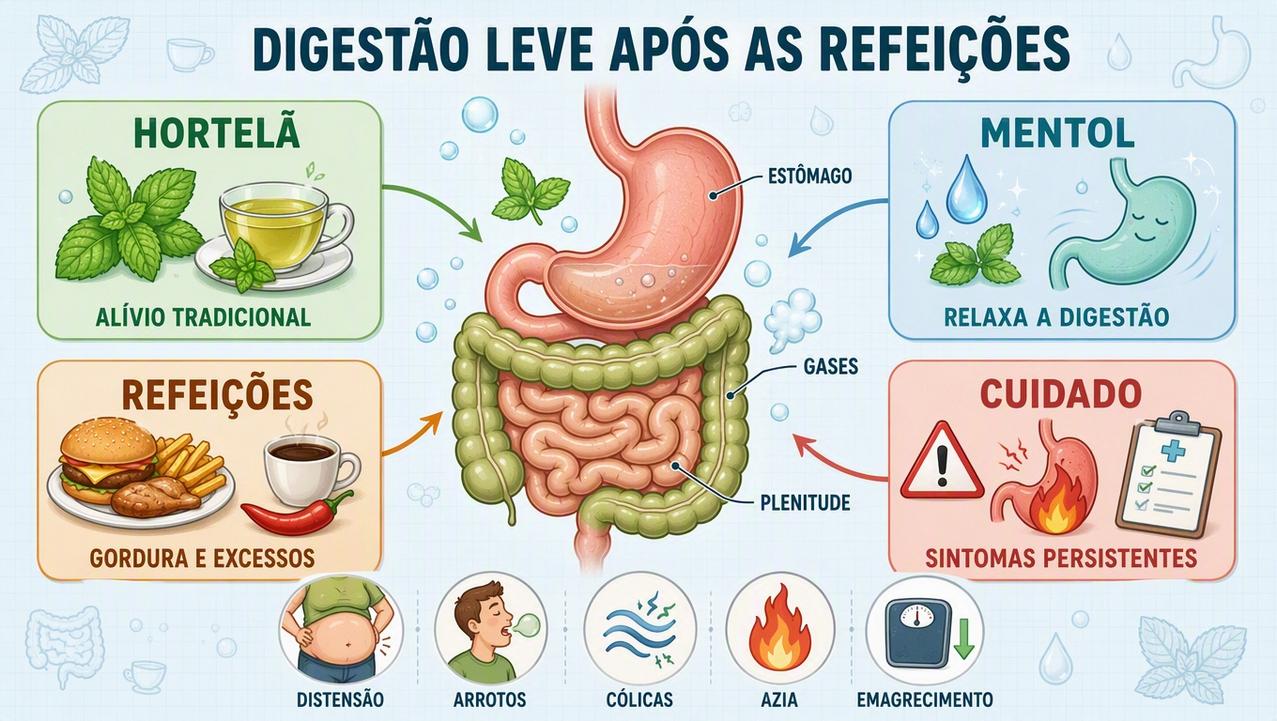 Infográfico resume hortelã, mentol, gatilhos alimentares e sinais de alerta digestivos.