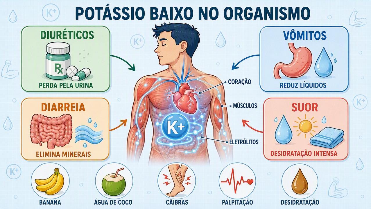 Diuréticos, vômitos, diarreia e suor intenso afetam o equilíbrio eletrolítico.