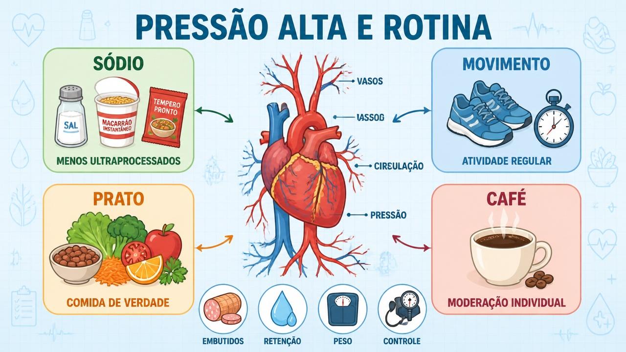 Infográfico resume sódio, movimento, alimentação e café no controle da pressão.