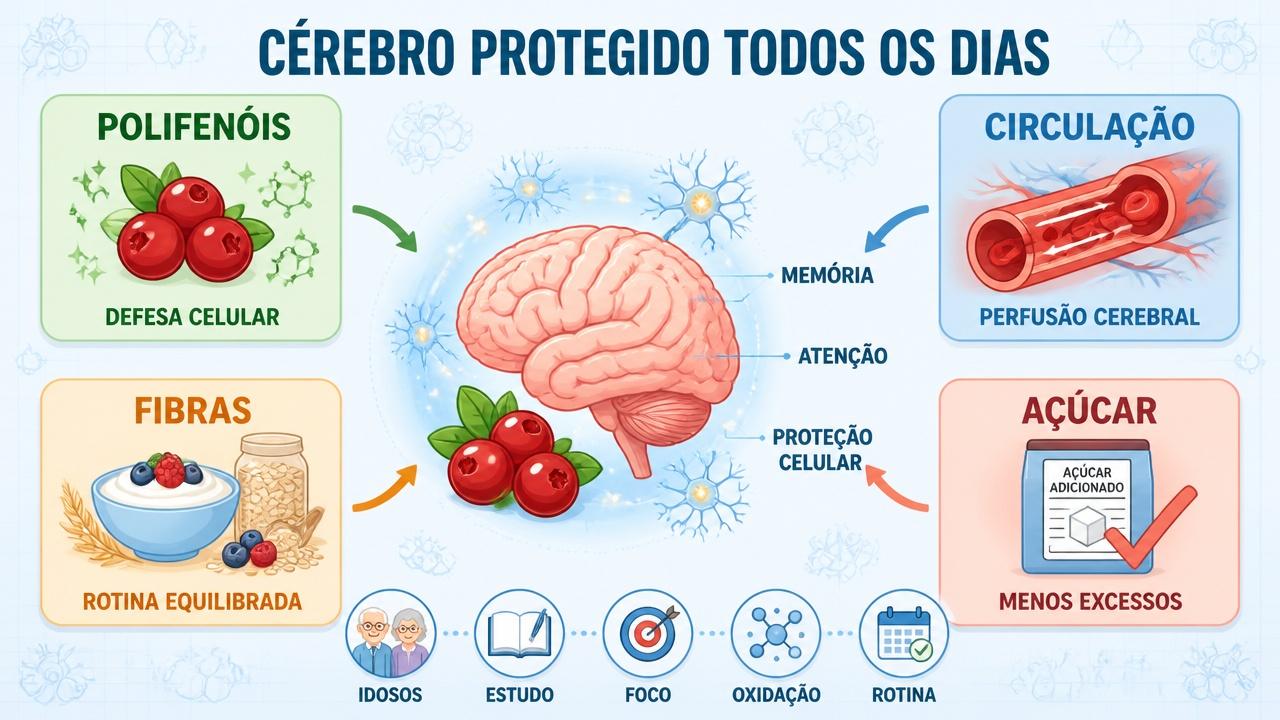 Polifenóis, circulação, fibras e menos açúcar sustentam a saúde cerebral.