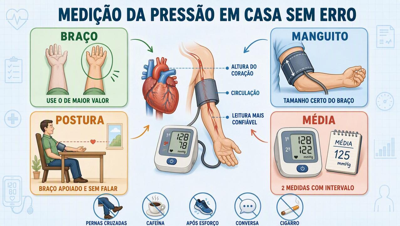 Quatro pilares da medição domiciliar: braço, manguito, postura e média.
